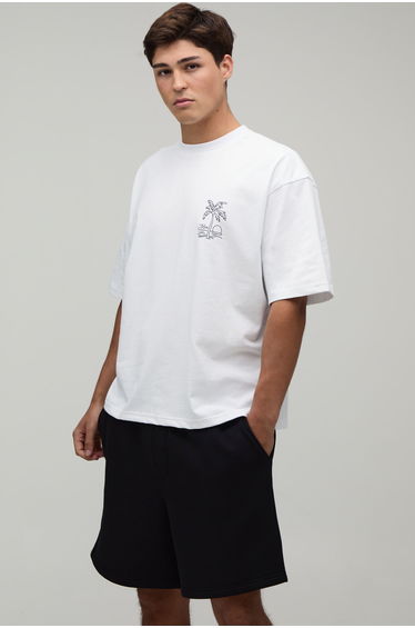 High Low Palm Embroidered Oversized T-Shirt and Short Set - black_white