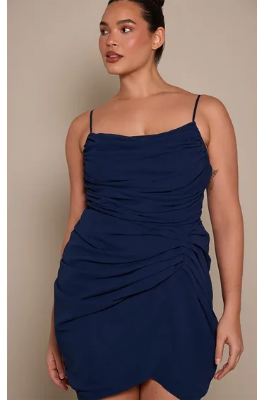Plus Navy Chiffon Drape Ruched Detail Mini Dress