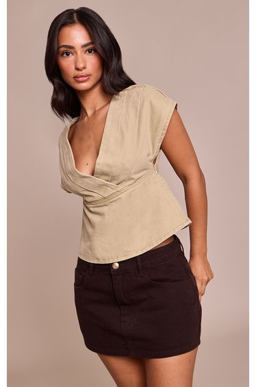 Petite Sand Denim Peplum V neck Top