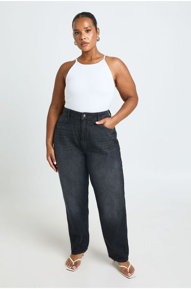 Plus Basics High Waist Mom Jean - washed black