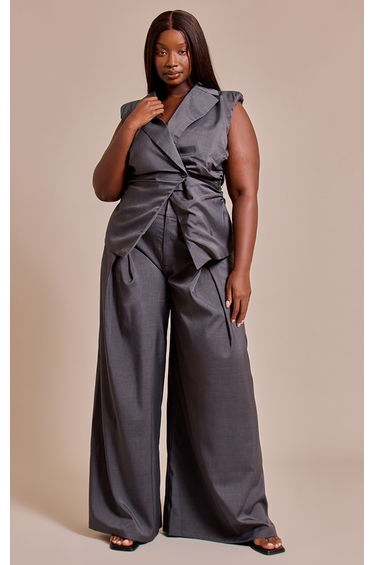 Plus Navy Pleated High Rise Wide Leg Trousers