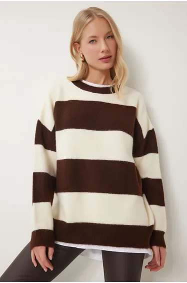 Women's Brown Bone Striped Soft Knitwear Sweater