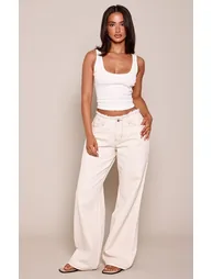 Petite Ecru Fray Waist Low Rise Straight Leg Jeans