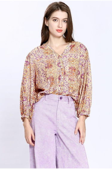 Printed Cotton Mix Blouse with V-Neck
