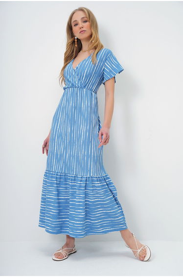 Women's Indigo-Ecru Patterned Double Breasted Maxi Dress