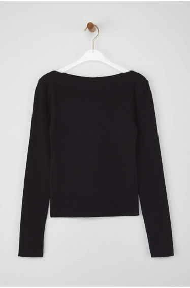 Black Premium Yarn/Special Yarn Boat Neck Knit Sweater