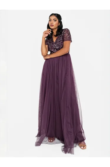 Maya Berry V Neckline Embellished Maxi Dress
