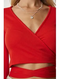Women's Orange Tie-Down Collar Crop Blouse - 4