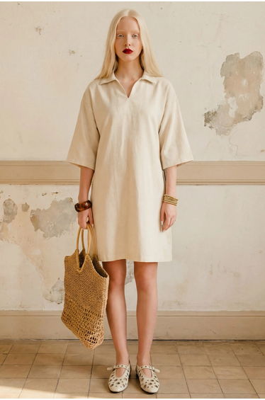 MY FASHION Polo Collar Mini Dress with Three Quarter Sleeves