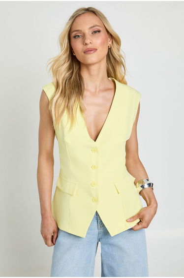 Petite V-Neck Pocket Detail Waistcoat - lemon