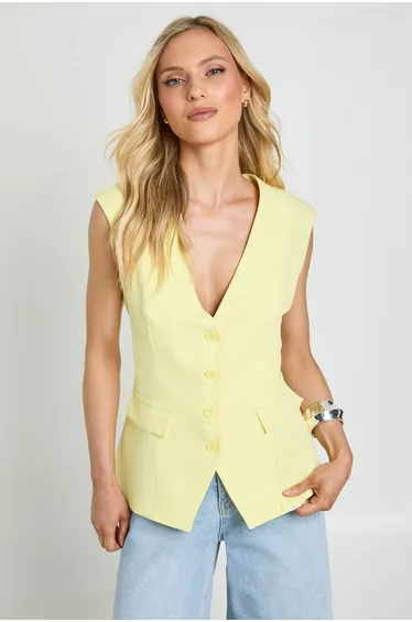 Petite V-Neck Pocket Detail Waistcoat - lemon