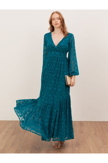 Lovedrobe Teal Floral Burnout Tie-Back Maxi Dress with Asymmetric Split Hem