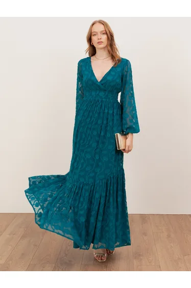 فستان ماكسي بربطة خلفية بحافة مفتوحة بنقشة أزهار شبه شفاف - أزرق