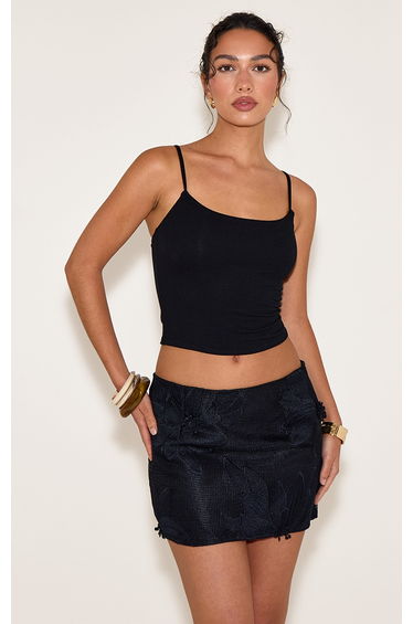 Black Textured Flower Detail Mini Skirt