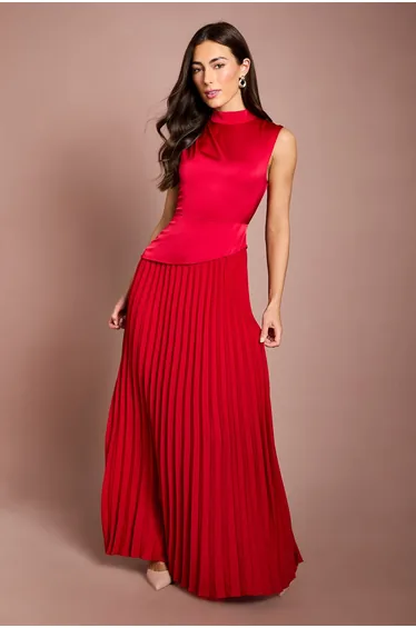 Drape High Neck Pleated Skirt Maxi Dress