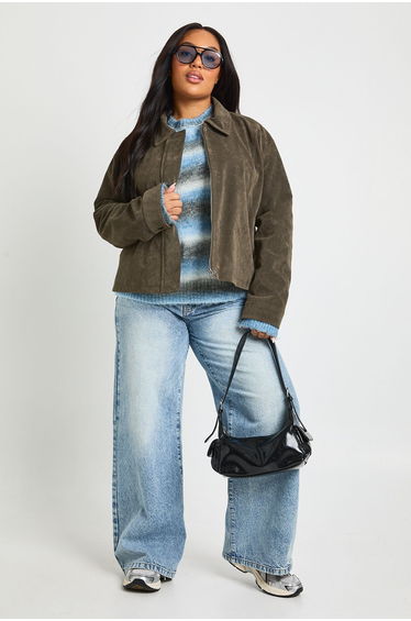 Plus Suede Collared Jacket - khaki