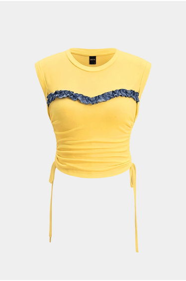 Patchwork Round Neck Tie-Up Short Sleeve T-Shirt