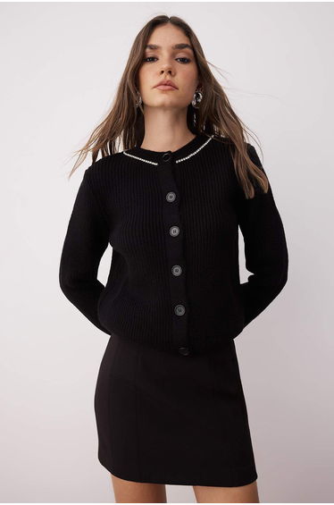 Black Stone Embroidered Soft Texture Knitwear Cardigan