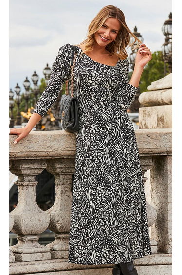 Black Asymmetric Ruched Midi Dress