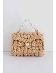 Pearl Chain Braided Chunky Knit Mini Bag in Tan - 3