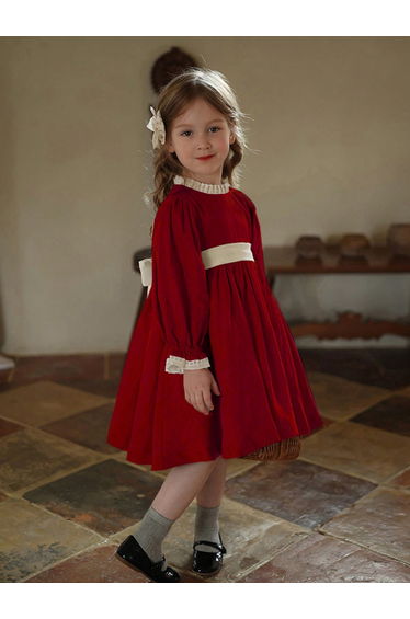 Girls Burgundy Pleated Long Sleeve Dress