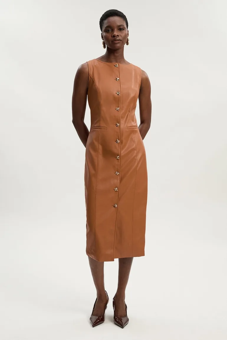 karen millen faux leather dress Black Faux Leather Belted Midi Shirt Dress