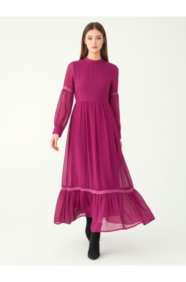 Women Pink Lace Insert Ruffled Hem Maxi Dress