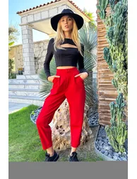 Women's Red High Waist Carrot Trousers - 1