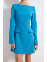 فستان أزرق قصير بقصة مستقيمة بأكمام طويلة - 1