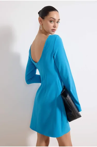 Blue Straight Pocket Detail Short / Mini Woven Dress