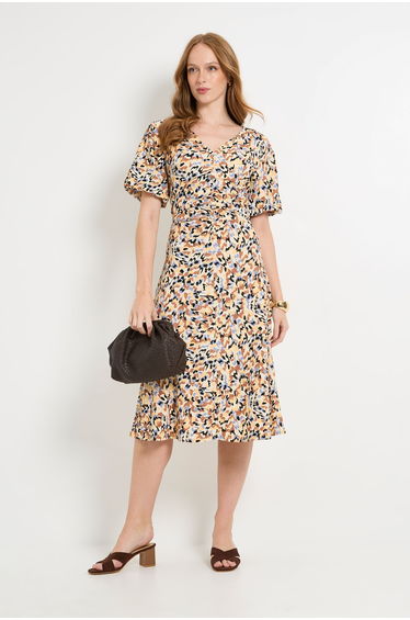 Abstract Jersey Ruched Puff Sleeve Midi Dress