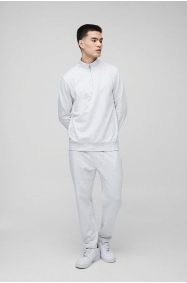 Basic Lightweight Quarter Zip Sweatshirt and Relaxed Tapered Jogger Set - grey marl
