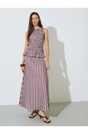 Burgundy Striped Sleeveless Peplum Top