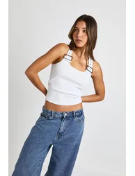 Rib Buckle Trim Sleeveless Top - white