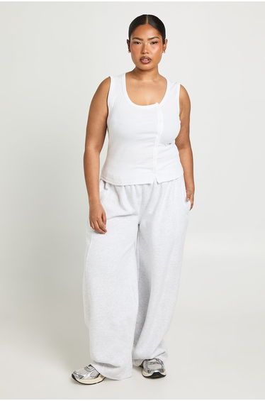 Plus Asymmetric Button Detail Rib Vest Top - white