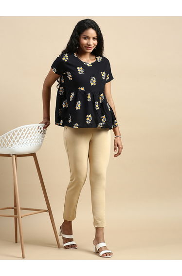 Beige Solid Knit Cotton Blend Pants