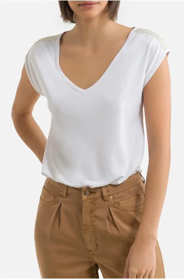 Embellished Shoulder T-Shirt with Short Sleeves