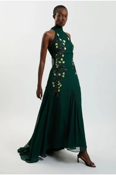 Hand Embellished Floral Halterneck Gown