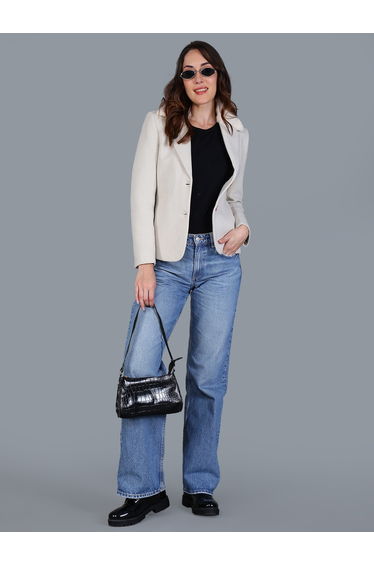 Women Off-White Button-Up Blazer with Faux Fur Collar