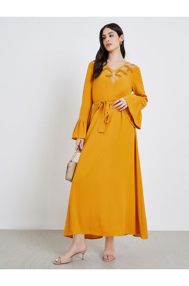 Women Yellow Embroidered Flounce Sleeve Jalabiya