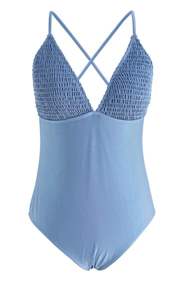 Shirred Detail Glossy Blue Swimsuit
