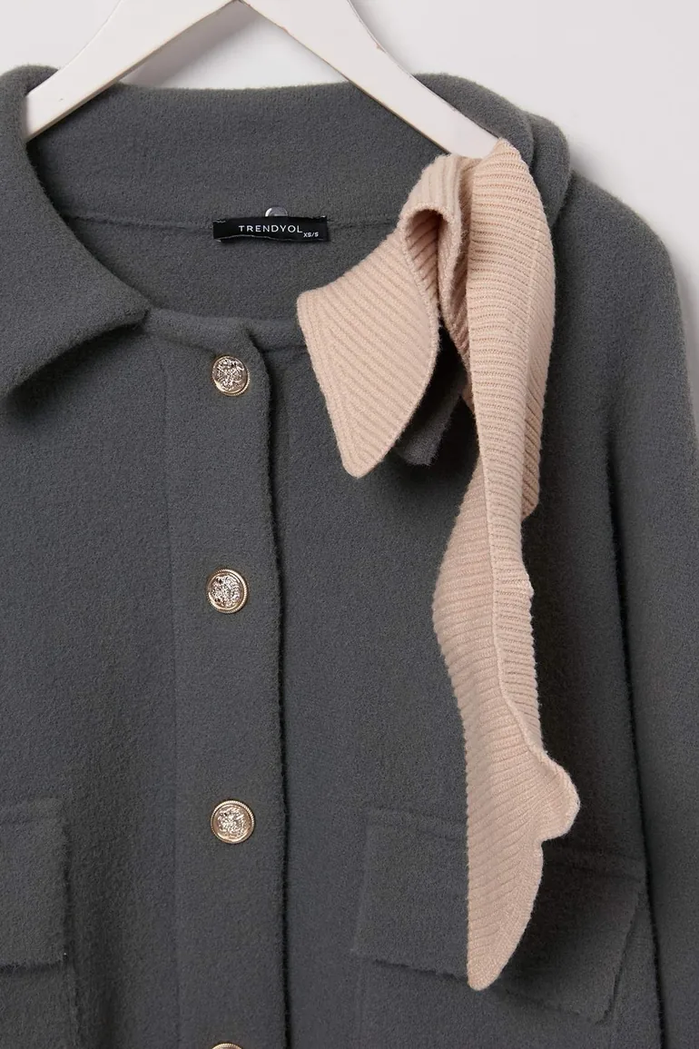 Anthracite Contrast Collar Detailed Coatigan Knitwear Cardigan - 4