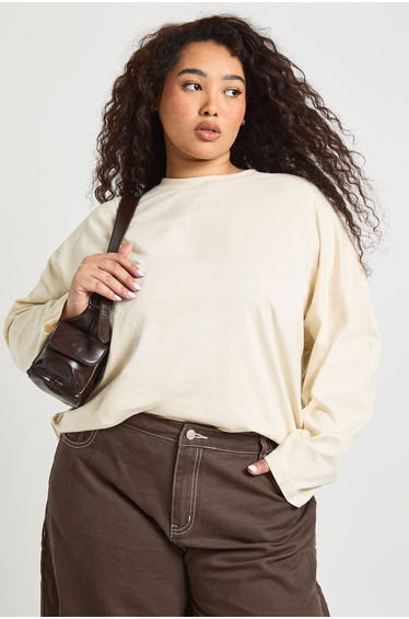 Plus Basic Oversized Long Sleeve T-Shirt - stone