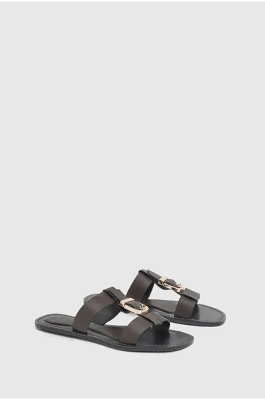 Brown Faux Leather Buckle T-Bar Flat Sliders
