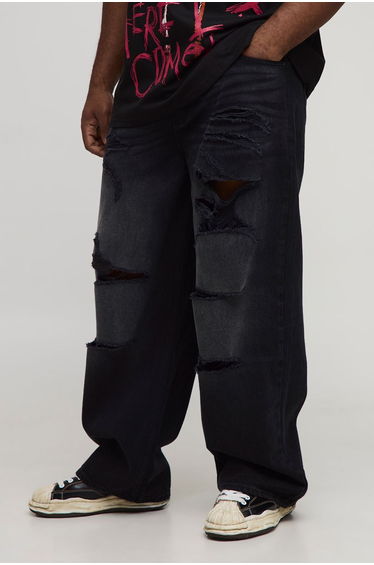 Plus Relaxed Fit Washed Super Distressed Jeans - washed black