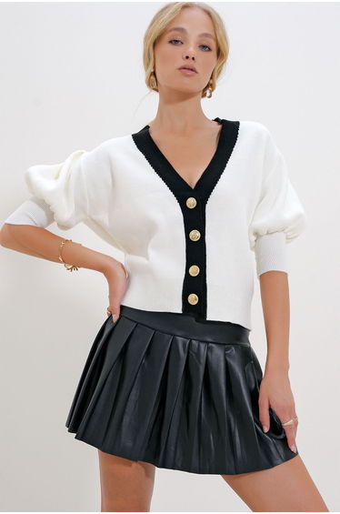 Women's White V Neck Balloon Sleeve Button Detail Cardigan