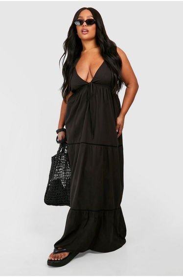 Plus Cotton Crochet Trim Maxi Dress - black