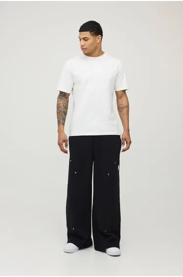Extreme Wide Leg Heart Embroidered Carpenter Panelled Jogger - black
