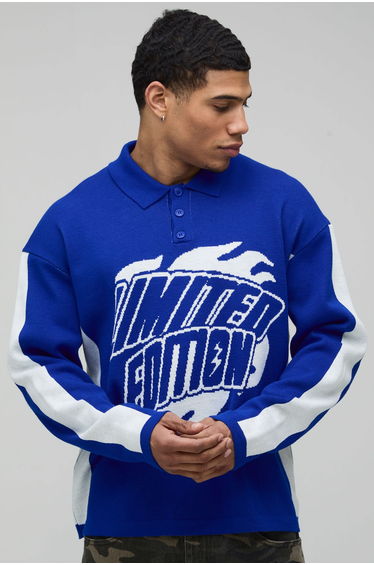Oversized Moto Graphic Long Sleeve Knitted Polo - blue