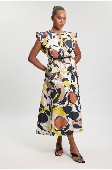 Plus Size Abstract Print Viscose Linen Woven Ruffle Sleeve Midi Dress
